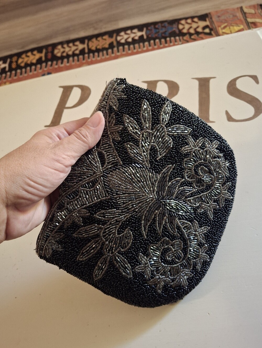 Vintage Retro Glam Beaded Floral Evening Clutch Bag - Black & Silver- Whimsigoth